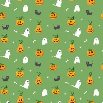 Halloween seamless pattern design. Cute cartoon elements, holiday background, Illustrazione stock