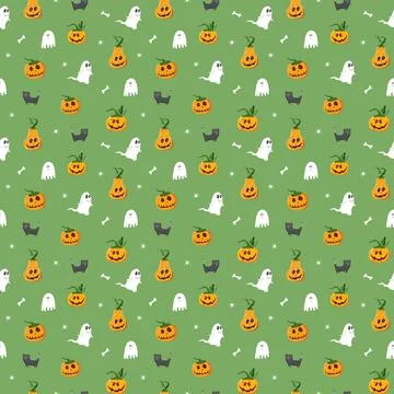 Halloween seamless pattern design. Cute cartoon elements, holiday background, Stock Illustration