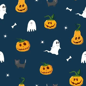 Halloween seamless pattern design. Cute cartoon elements, holiday background, Stock Illustration