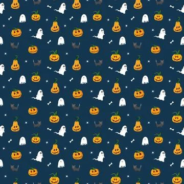 Halloween seamless pattern design. Cute cartoon elements, holiday background, Stock Illustration