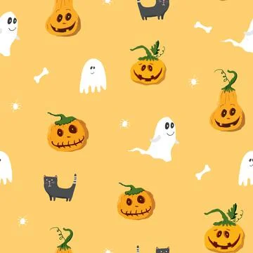 Halloween seamless pattern design. Cute cartoon elements, holiday background, 스톡 일러스트