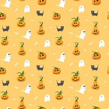 Halloween seamless pattern design. Cute cartoon elements, holiday background, イラスト素材