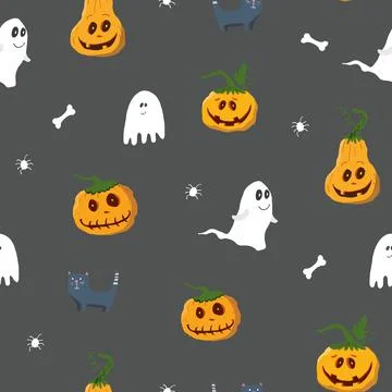 Halloween seamless pattern design. Cute cartoon elements, holiday background, イラスト素材