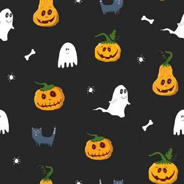 Halloween seamless pattern design. Cute cartoon elements, holiday background, Illustrazione stock