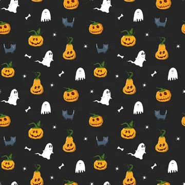 Halloween seamless pattern design. Cute cartoon elements, holiday background, 스톡 일러스트