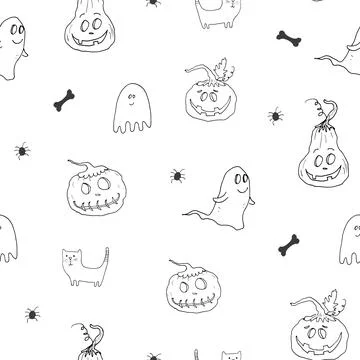 Halloween seamless pattern design. Cute cartoon elements, holiday background, 스톡 일러스트