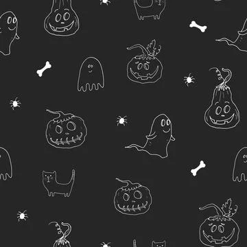 Halloween seamless pattern design. Cute cartoon elements, holiday background, Illustrazione stock