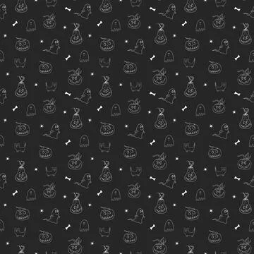 Halloween seamless pattern design. Cute cartoon elements, holiday background, 스톡 일러스트