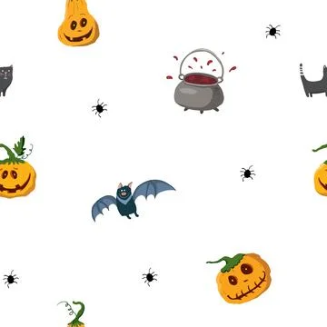 Halloween seamless pattern design. Cute cartoon elements, holiday background, Stock Illustration