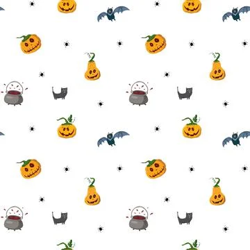 Halloween seamless pattern design. Cute cartoon elements, holiday background, 스톡 일러스트