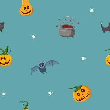Halloween seamless pattern design. Cute cartoon elements, holiday background, Stock Illustration