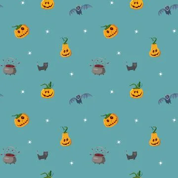 Halloween seamless pattern design. Cute cartoon elements, holiday background, 스톡 일러스트