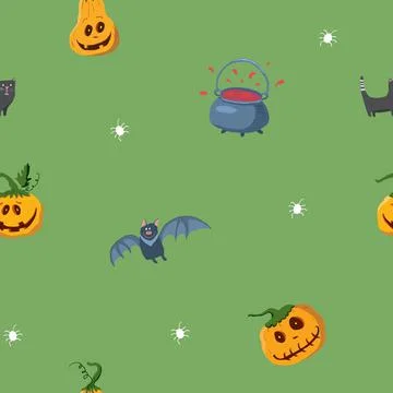 Halloween seamless pattern design. Cute cartoon elements, holiday background, イラスト素材