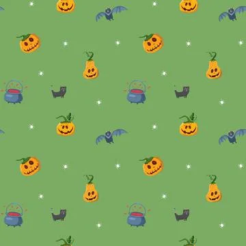 Halloween seamless pattern design. Cute cartoon elements, holiday background, Stock Illustration