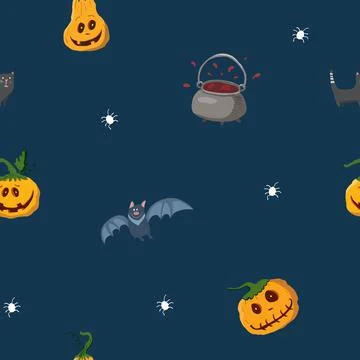 Halloween seamless pattern design. Cute cartoon elements, holiday background, 스톡 일러스트
