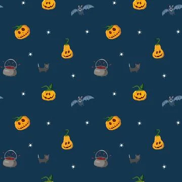 Halloween seamless pattern design. Cute cartoon elements, holiday background, Illustrazione stock