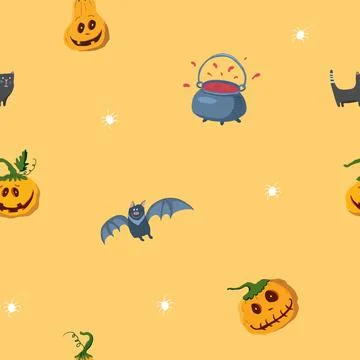 Halloween seamless pattern design. Cute cartoon elements, holiday background, イラスト素材