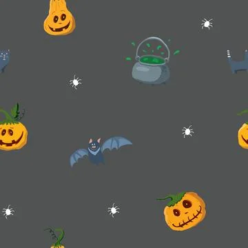 Halloween seamless pattern design. Cute cartoon elements, holiday background, Stock Illustration
