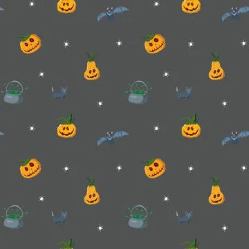 Halloween seamless pattern design. Cute cartoon elements, holiday background, 스톡 일러스트