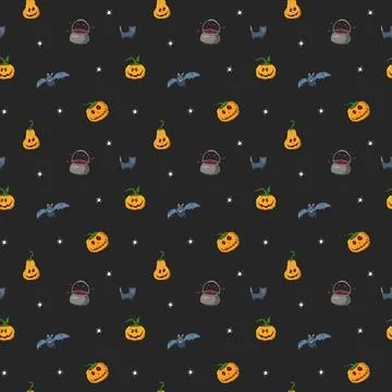 Halloween seamless pattern design. Cute cartoon elements, holiday background, Stock Illustration