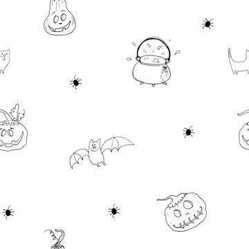 Halloween seamless pattern design. Cute cartoon elements, holiday background, Stock Illustration