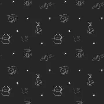 Halloween seamless pattern design. Cute cartoon elements, holiday background, Stock Illustration