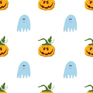 Halloween seamless pattern design. Cute cartoon pumpkin and ghost, holiday ba 스톡 일러스트