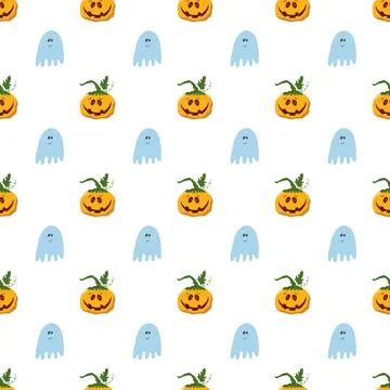 Halloween seamless pattern design. Cute cartoon pumpkin and ghost, holiday ba Stock Illustration