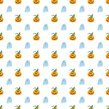 Halloween seamless pattern design. Cute cartoon pumpkin and ghost, holiday ba Stockillustratie