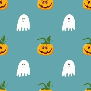 Halloween seamless pattern design. Cute cartoon pumpkin and ghost, holiday ba 스톡 일러스트