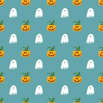 Halloween seamless pattern design. Cute cartoon pumpkin and ghost, holiday ba Illustrazione stock