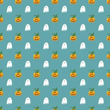 Halloween seamless pattern design. Cute cartoon pumpkin and ghost, holiday ba 스톡 일러스트