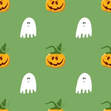 Halloween seamless pattern design. Cute cartoon pumpkin and ghost, holiday ba Stockillustratie