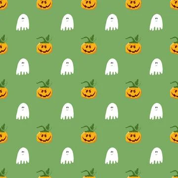 Halloween seamless pattern design. Cute cartoon pumpkin and ghost, holiday ba 스톡 일러스트