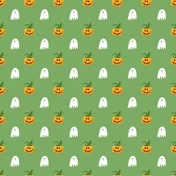 Halloween seamless pattern design. Cute cartoon pumpkin and ghost, holiday ba 스톡 일러스트