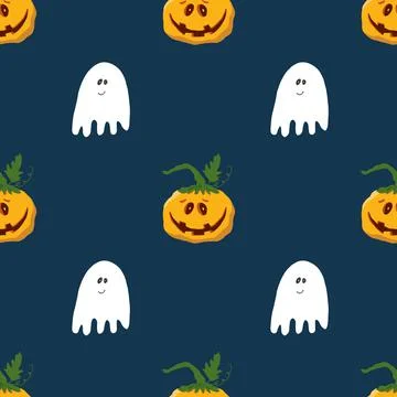 Halloween seamless pattern design. Cute cartoon pumpkin and ghost, holiday ba 스톡 일러스트