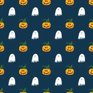 Halloween seamless pattern design. Cute cartoon pumpkin and ghost, holiday ba Illustrazione stock