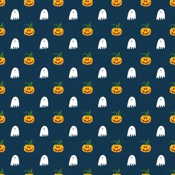 Halloween seamless pattern design. Cute cartoon pumpkin and ghost, holiday ba Illustrazione stock
