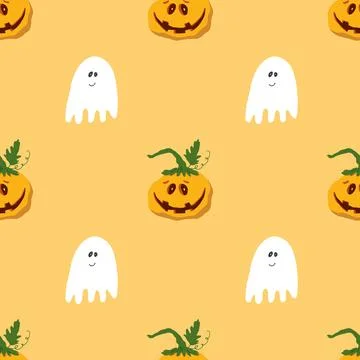 Halloween seamless pattern design. Cute cartoon pumpkin and ghost, holiday ba Stock Illustration