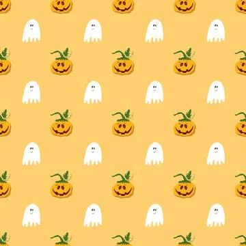 Halloween seamless pattern design. Cute cartoon pumpkin and ghost, holiday ba Stock Illustration