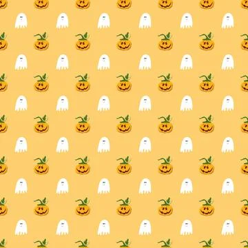 Halloween seamless pattern design. Cute cartoon pumpkin and ghost, holiday ba Stock Illustration