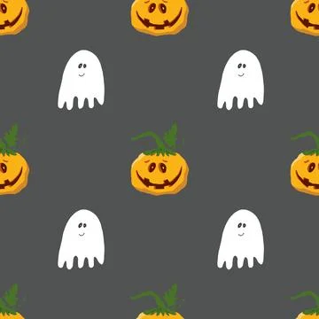 Halloween seamless pattern design. Cute cartoon pumpkin and ghost, holiday ba Stock Illustration