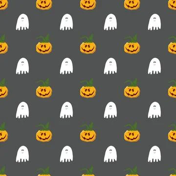 Halloween seamless pattern design. Cute cartoon pumpkin and ghost, holiday ba Stockillustratie