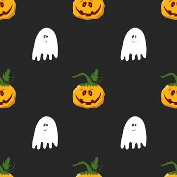 Halloween seamless pattern design. Cute cartoon pumpkin and ghost, holiday ba Stock Illustration