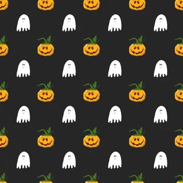 Halloween seamless pattern design. Cute cartoon pumpkin and ghost, holiday ba 스톡 일러스트