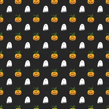 Halloween seamless pattern design. Cute cartoon pumpkin and ghost, holiday ba Stock Illustration