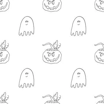 Halloween seamless pattern design. Cute cartoon pumpkin and ghost, holiday ba 스톡 일러스트