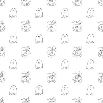 Halloween seamless pattern design. Cute cartoon pumpkin and ghost, holiday ba Illustrazione stock
