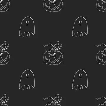 Halloween seamless pattern design. Cute cartoon pumpkin and ghost, holiday ba Illustrazione stock