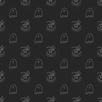 Halloween seamless pattern design. Cute cartoon pumpkin and ghost, holiday ba 스톡 일러스트
